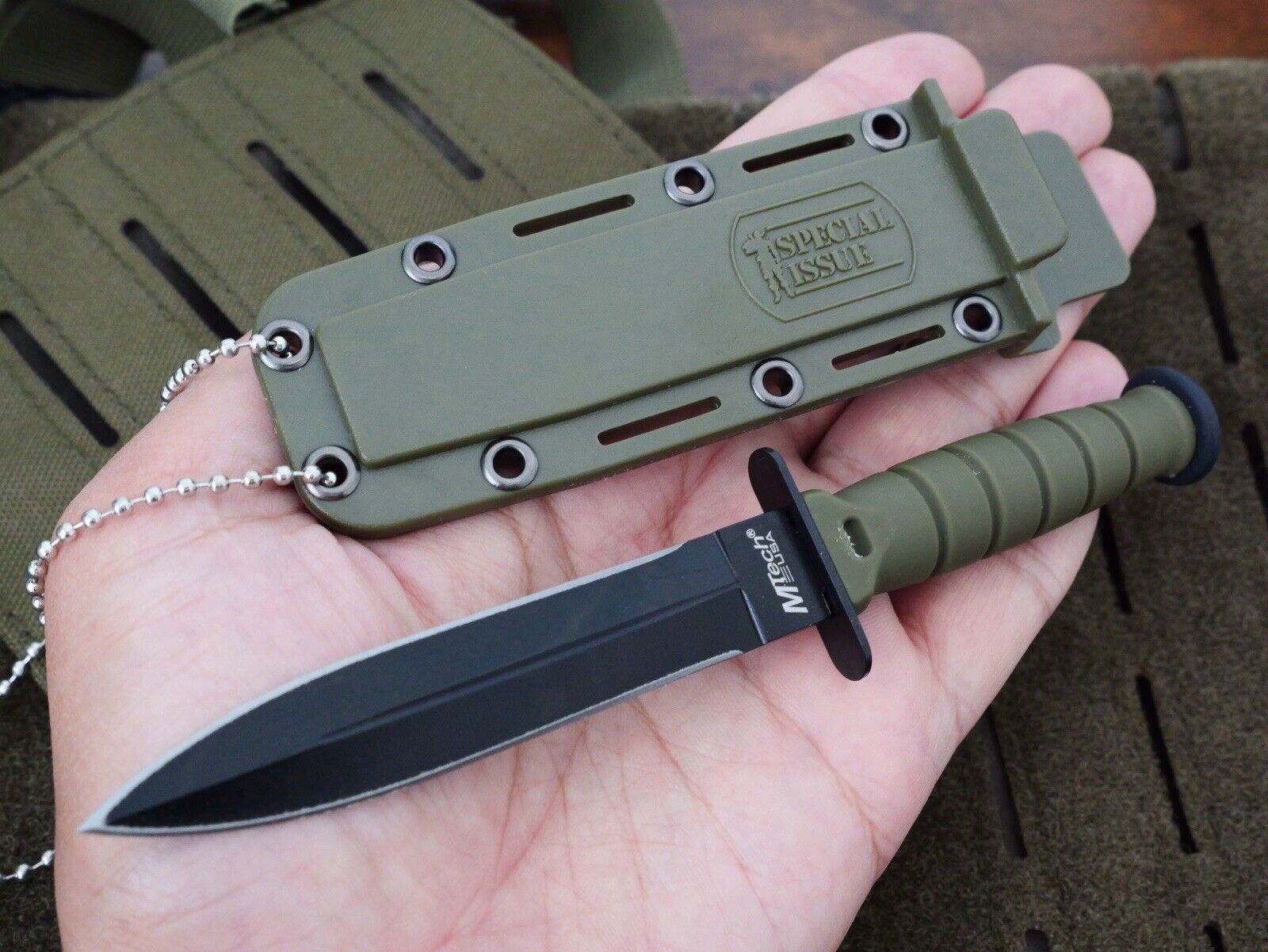 6” Neck Knife Spear Point Double Edge Green Hard Sheath Sharp Tactical Medium 