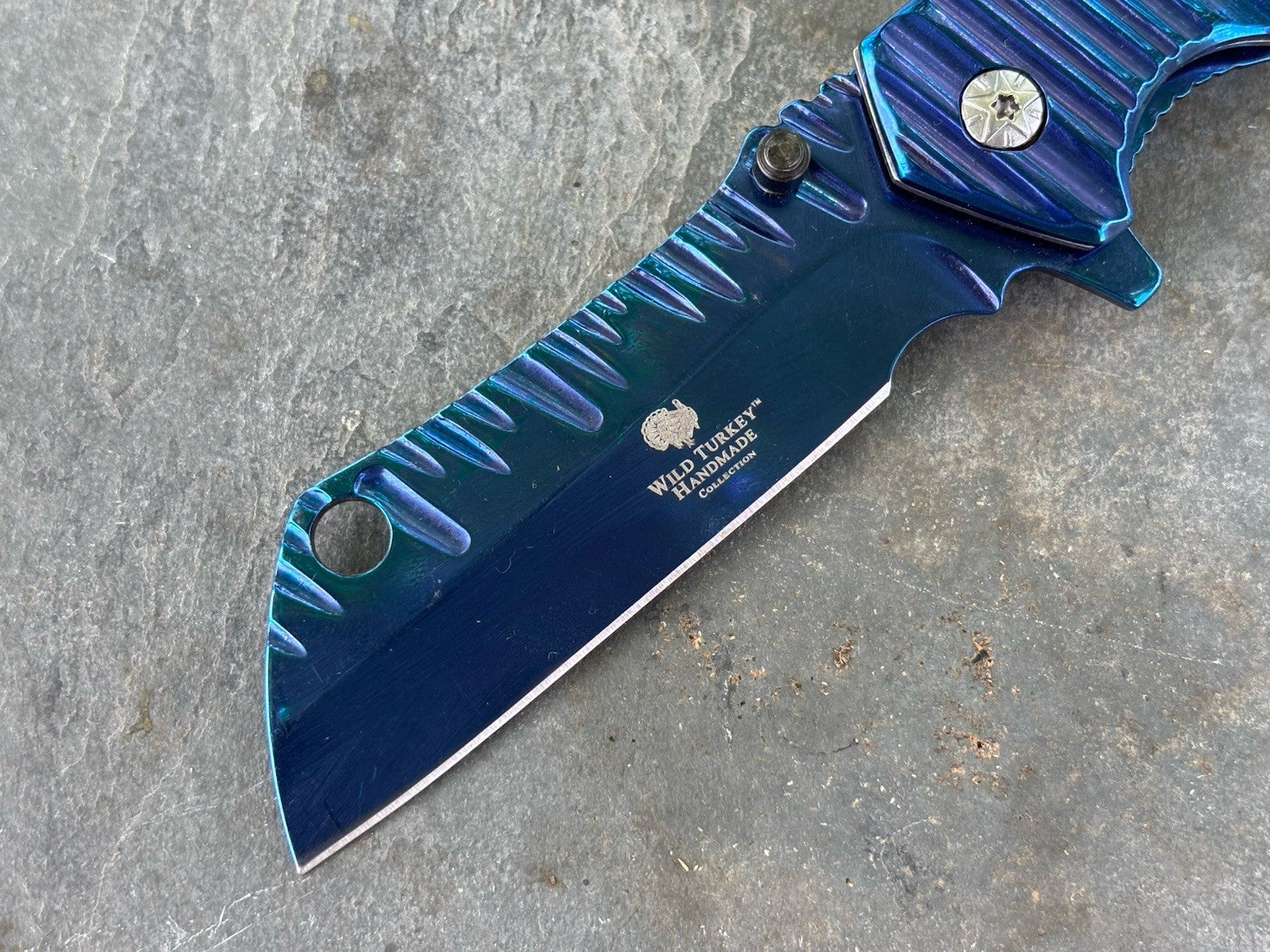 Cleaver Pocket Knife All Metal Blue Handle Spring Assist Frame Lock Heavy Duty