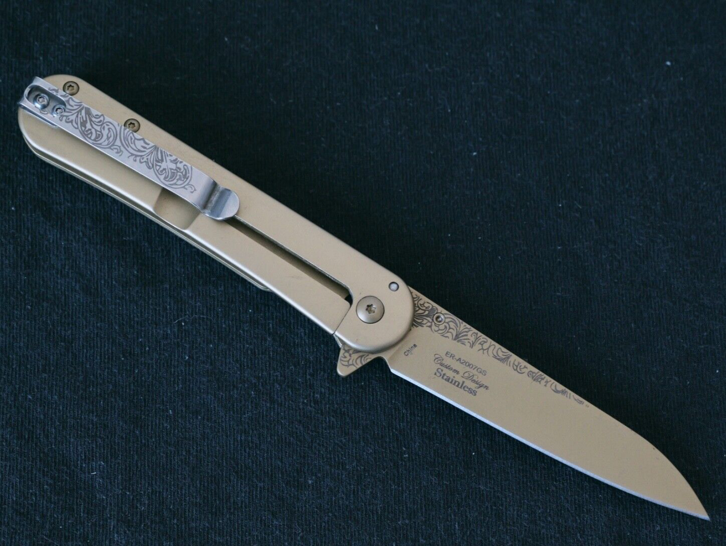 Gold Duck Spring Assist Pocket Knife Victorian Era Style Ornate Full Metal 8”