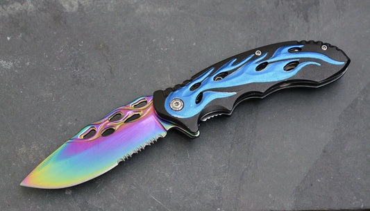 Blue Flame Pocket Knife Spring Assist Titanium Blade Serrated Sharp