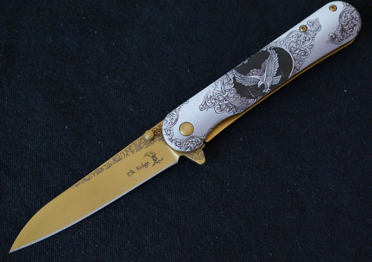 Gold Eagle Spring Assist Pocket Knife Victorian Era Style Ornate Full Metal 8”