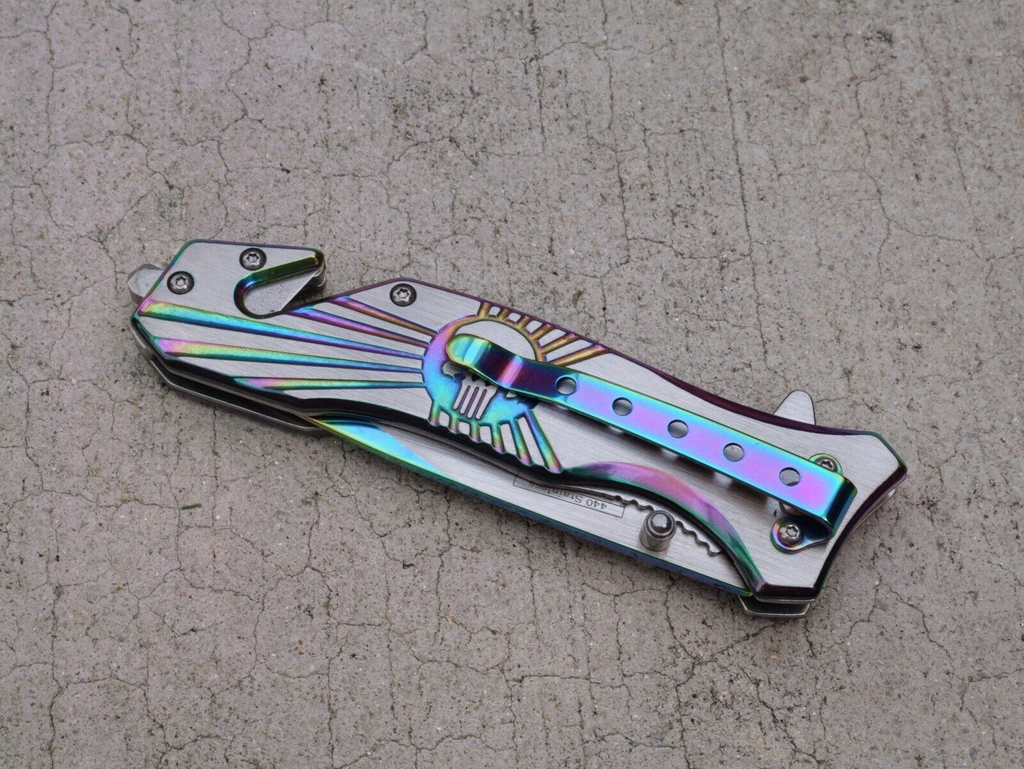 Skull Punisher Pocket Knife All Metal Full Size Window Punch Assisted Titanium