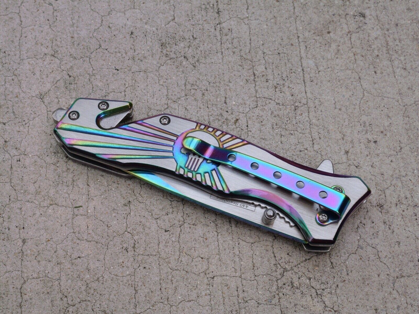 Skull Punisher Pocket Knife All Metal Full Size Window Punch Assisted Titanium
