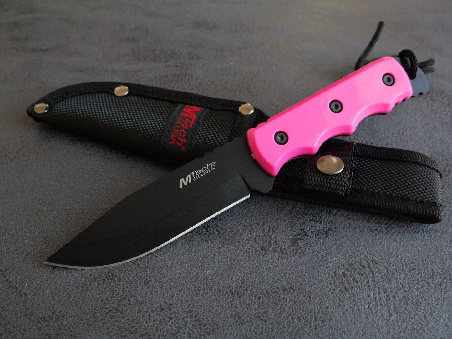 8” Fixed Blade Knife Full Tang Pink Black Nylon Sheath 4mm Thick Tactical Edc