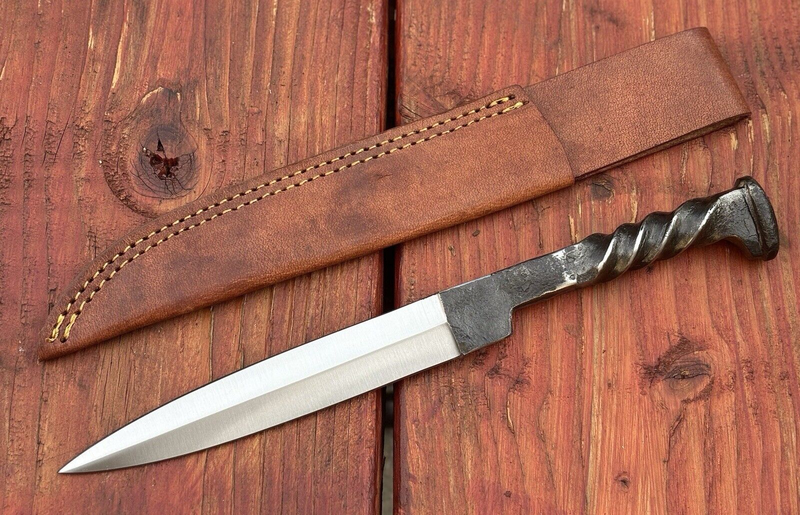 12” Fixed Blade Knife Double Edge Hand Forged Carbon Steel Leather Sheath Thick