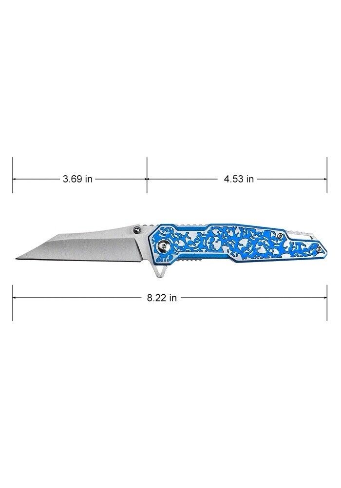 Blue Pocket Knife 8” Overall Size M Wharncliffe Blade Full Metal Skulls Assist