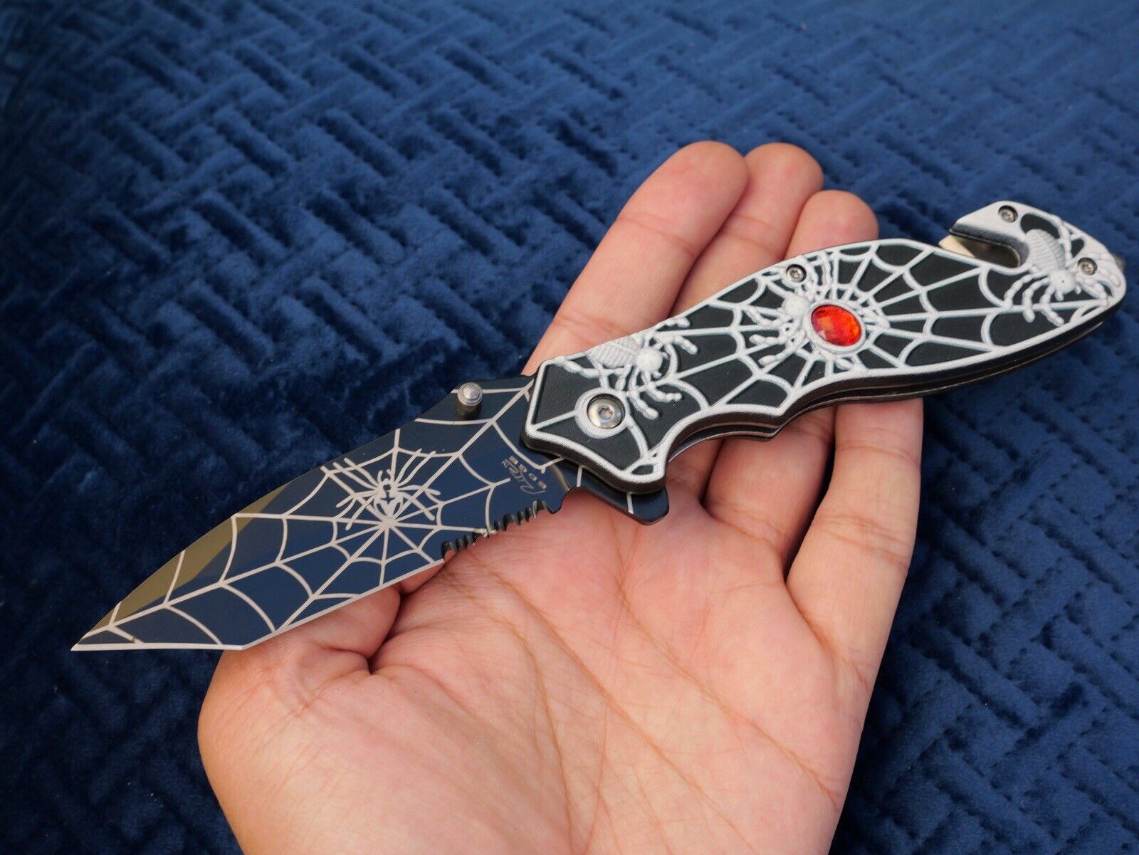 Black Pocket Knife Tanto Spider Web Window Punch Seat Belt Cutter Assisted Sharp