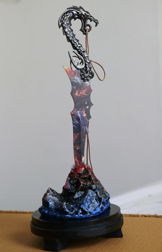 9” Fantasy Dragon Knife Display Stand Hand Painted 6” Blade Skull Trinket