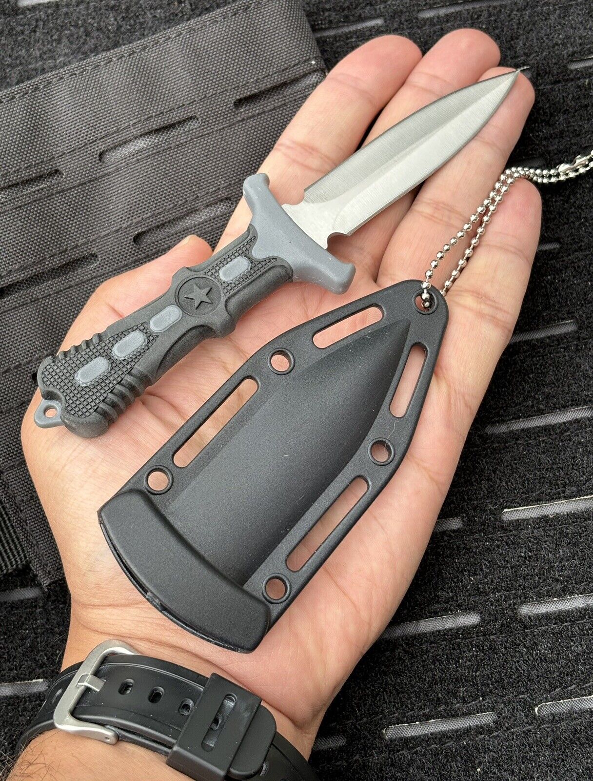 Neck Knife Full Tang Ball Chain Tactical Sheath 7” Spear Point Rubber Handle