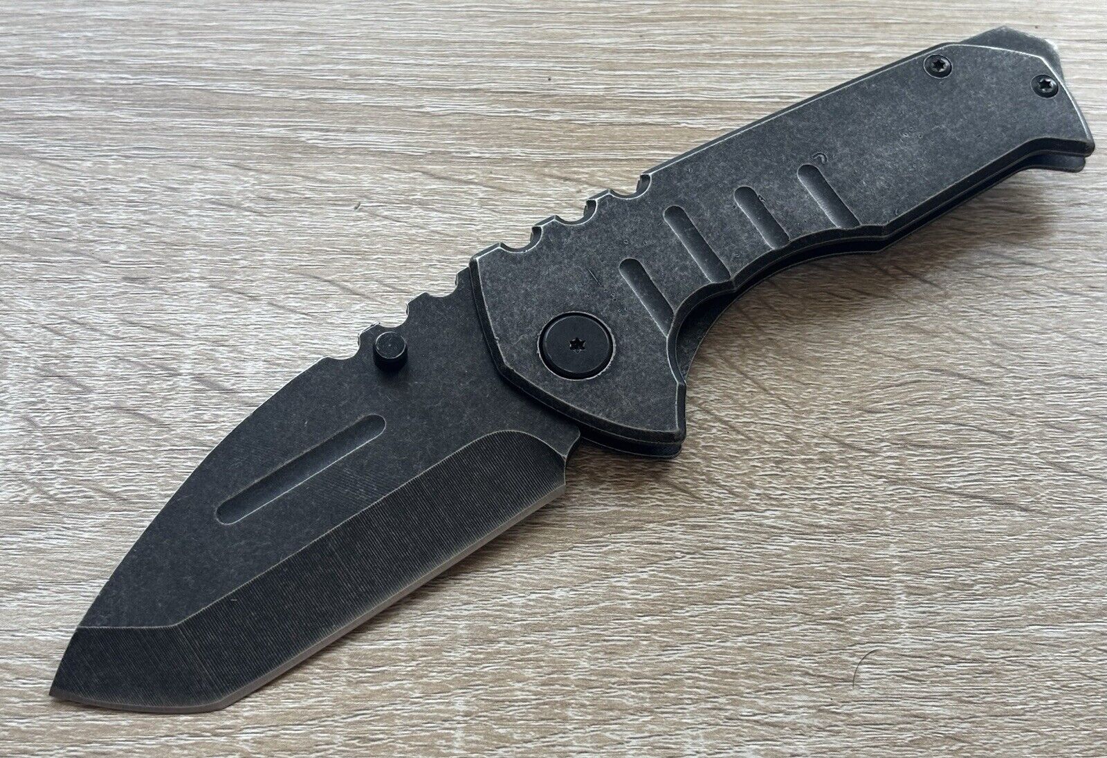 Mega Pocket Knife XL Wide Heavy Duty Manual Stonewashed Sharp Belt Clip Huge Edc