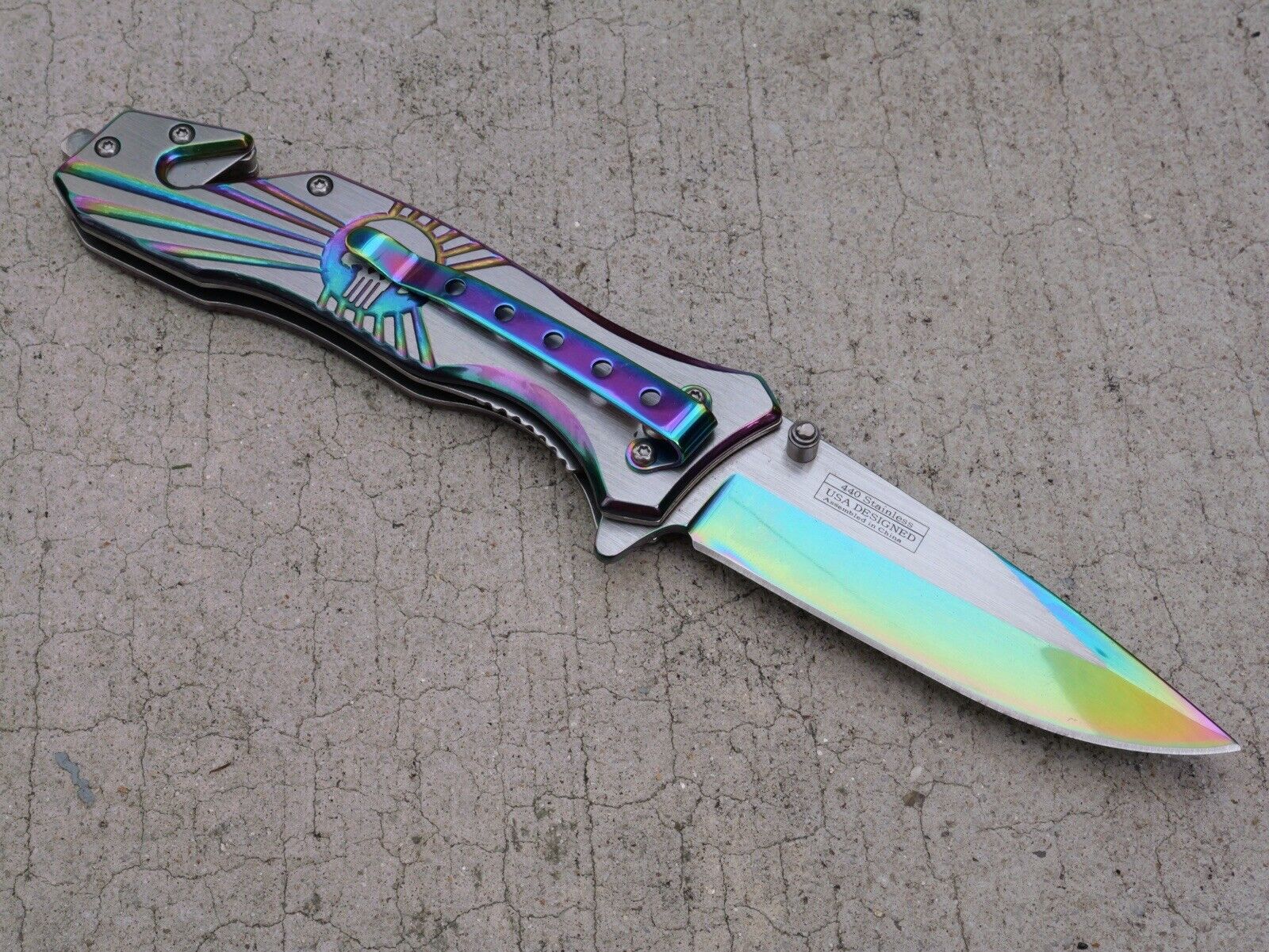 Skull Punisher Pocket Knife All Metal Full Size Window Punch Assisted Titanium