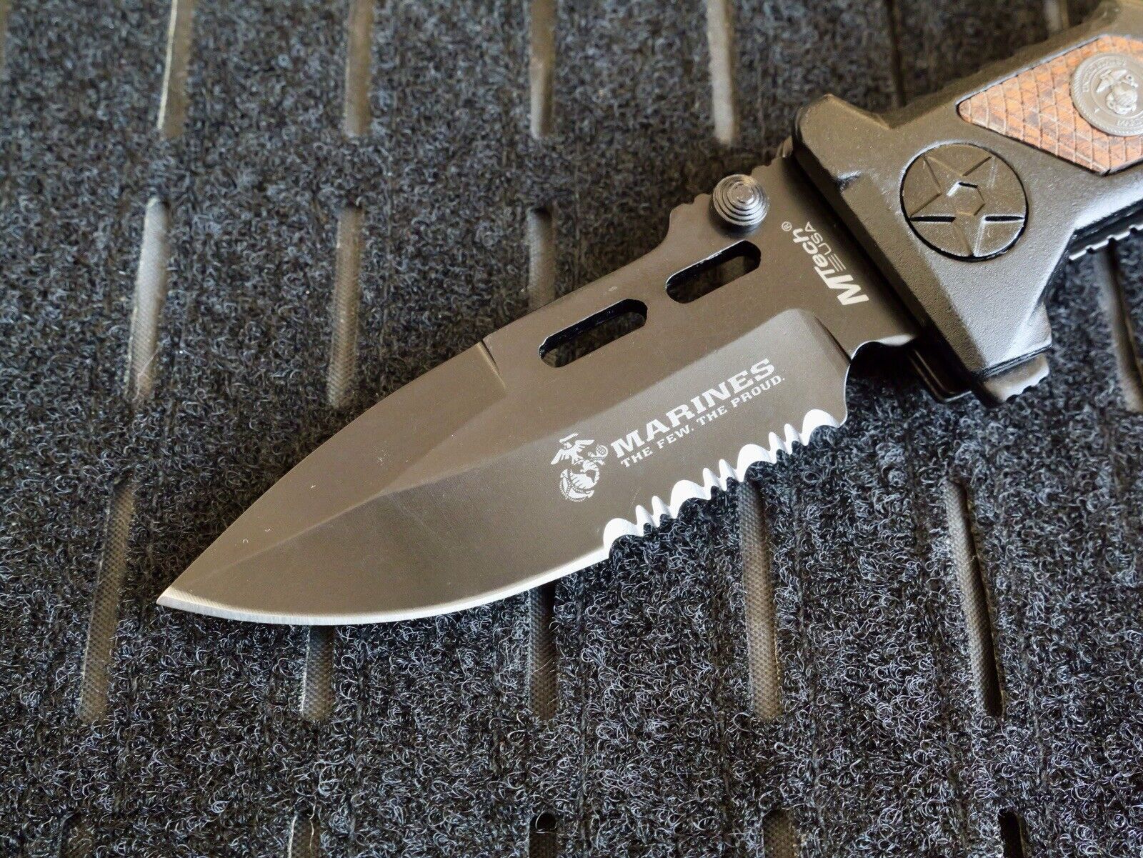 USMC Pocket Knife Heavy Duty Spring Assist Black Hefty Window Punch Belt Cutter 