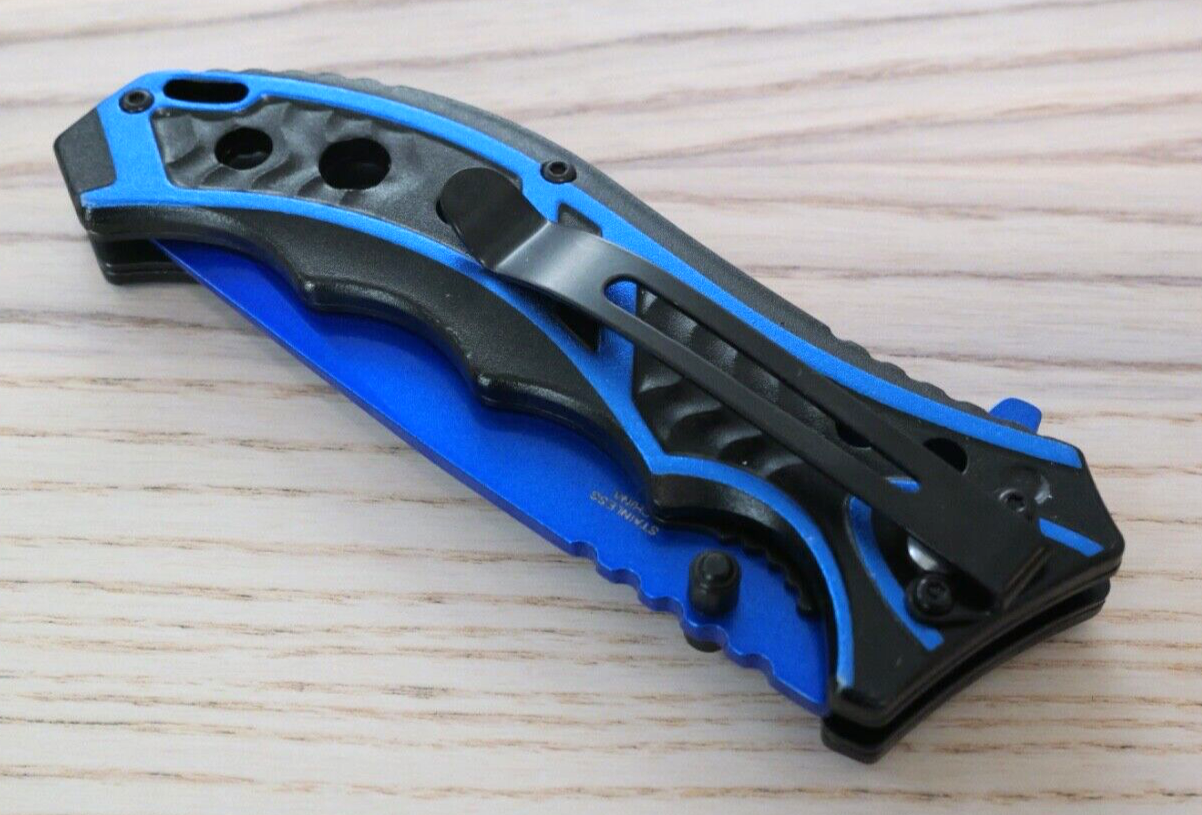 Blue Pocket Knife Spring Assisted Black Self Defense Tactical Full Size QUICK