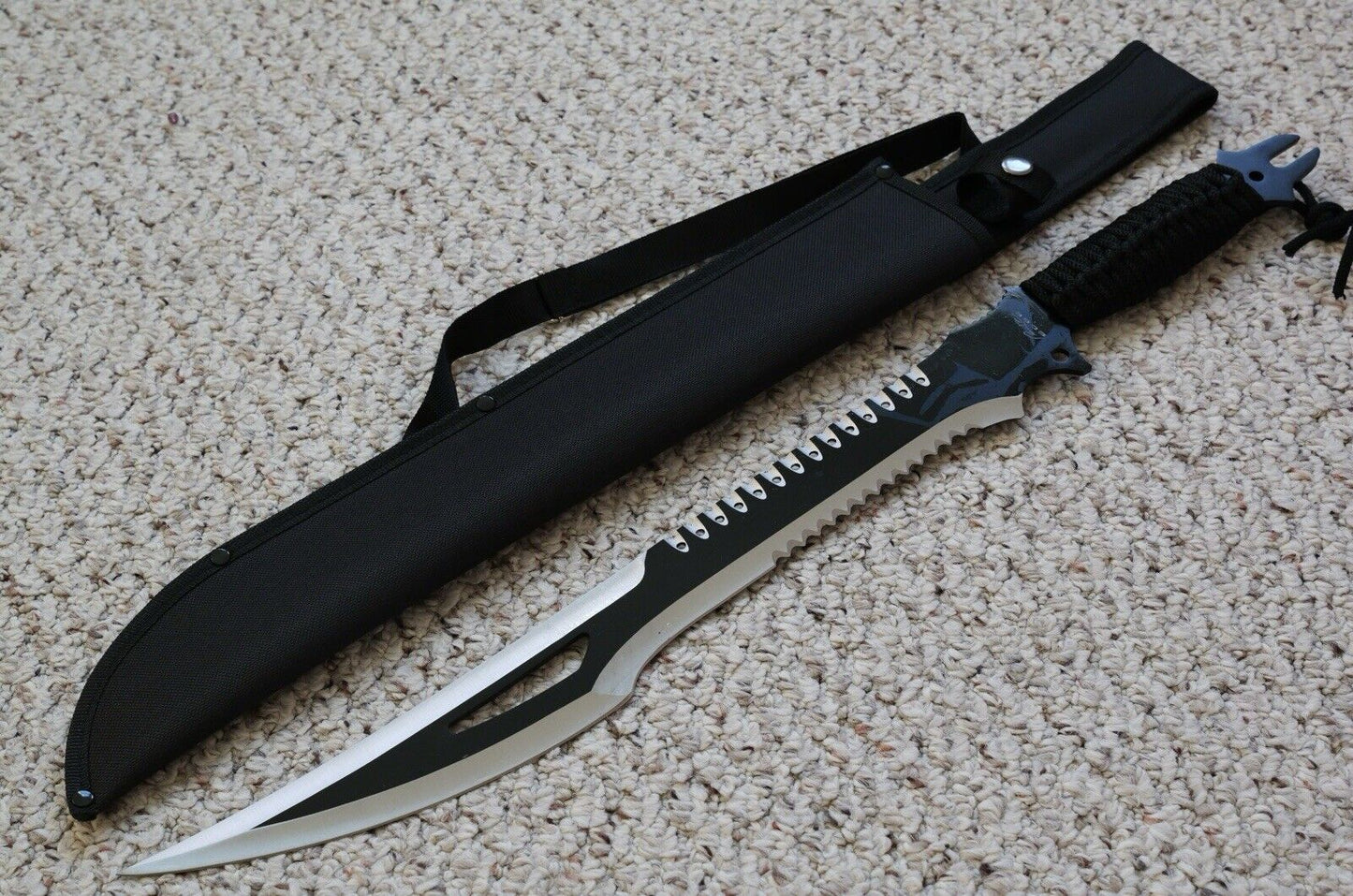 25” Machete Fang Black Full Tang Nylon Sheath Tactical Stealth Nylon Sheath Saw