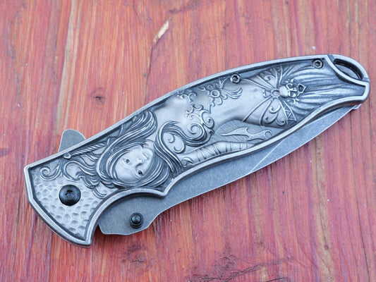 Mermaid Pocket Knife Full Size 3D Metal Handle Sharp Dark Spring Assist Clip