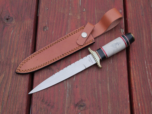 Fixed Blade Knife Dagger Style Spear Point 12” Leather Sheath Brass Resin Handle
