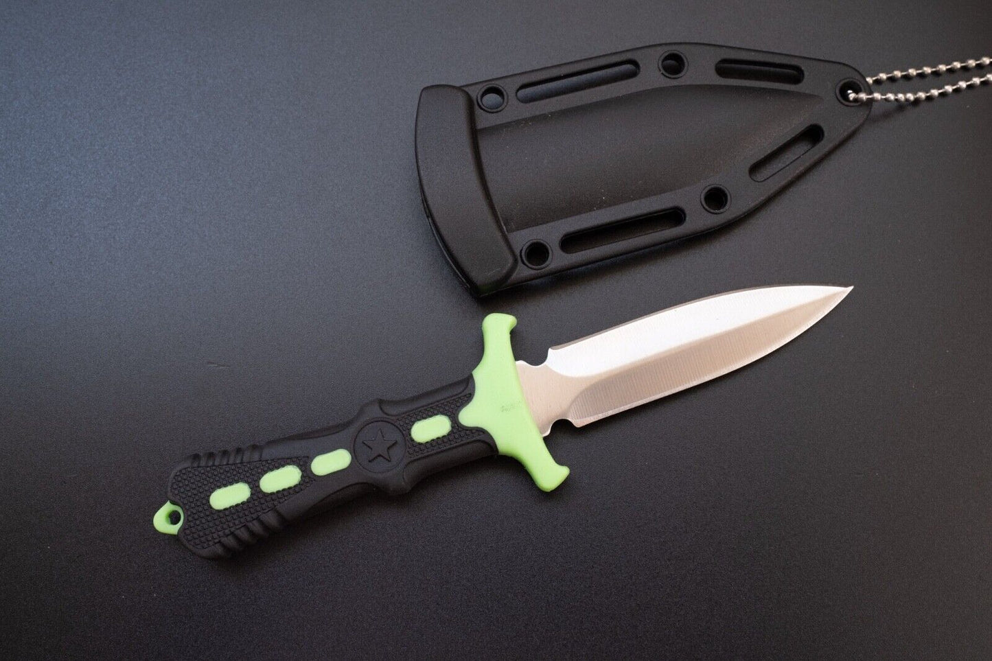 Neck Knife Double Edge Spear Point Rubber Handle Hard Sheath Ball Chain 7" Green