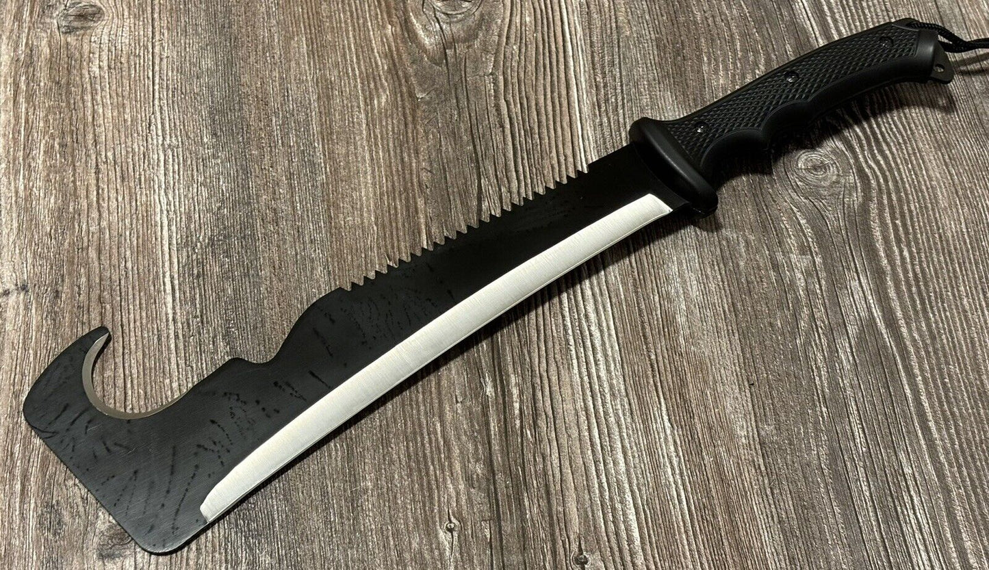 20” Tactical Machete Black Full Tang Swat Stealth Nylon Sheath Hook Saw Back