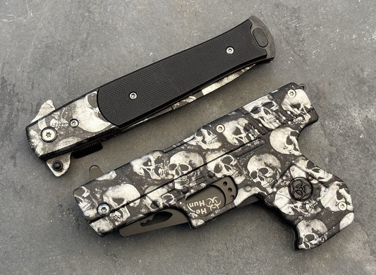 Grey Skull Pocket Knife Set Pistol Knife Spring Assist 2 Pcs