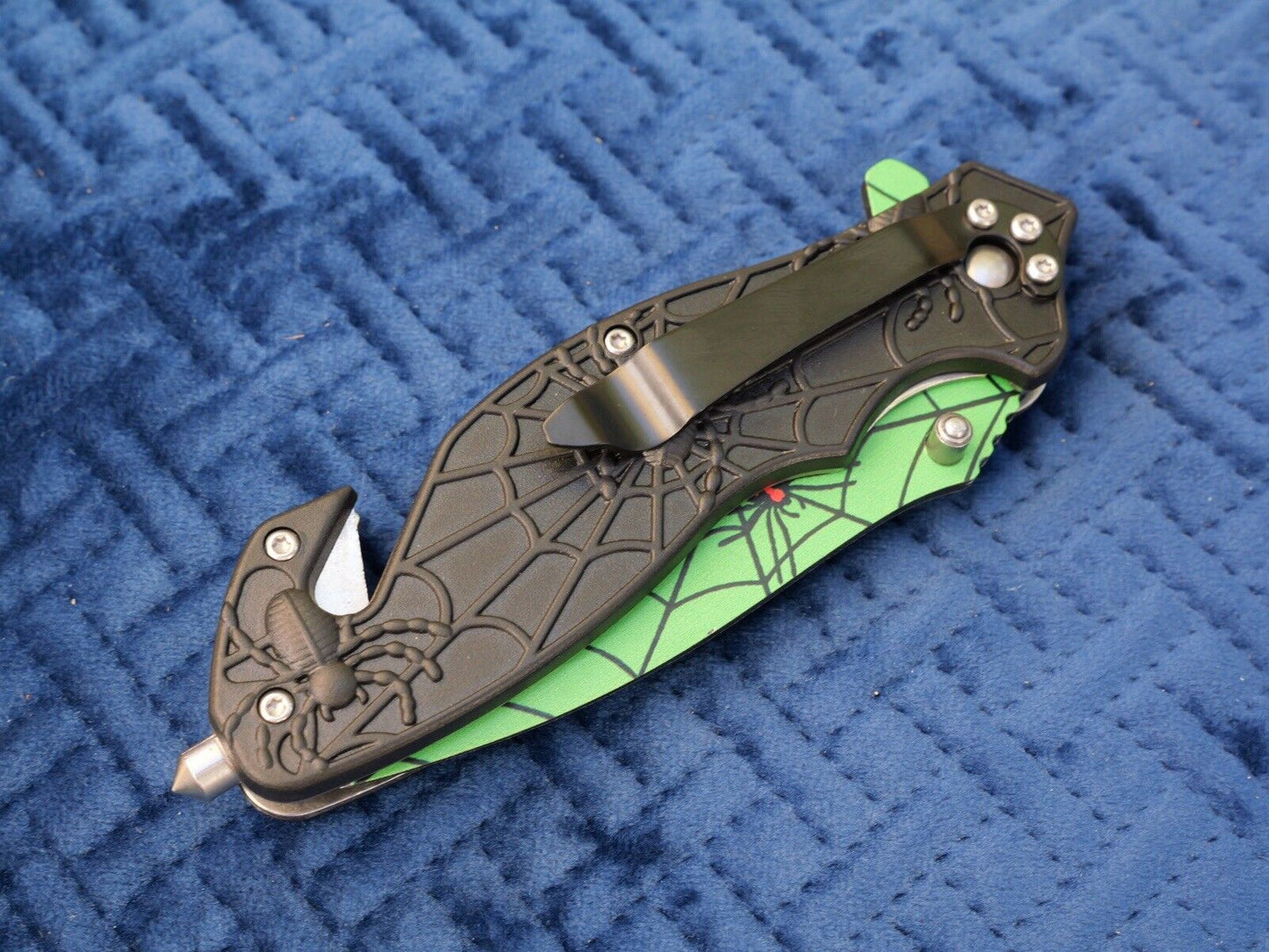 Green Pocket Knife Tanto Spider Web Window Punch Seat Belt Cutter Assisted Sharp