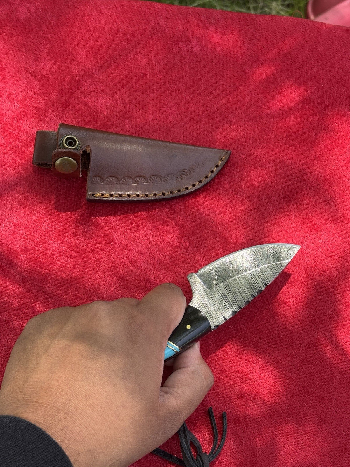 7” Fixed Blade Knife 3” Blade Full Tang Leather Sheath Black Blue Hand Forged 