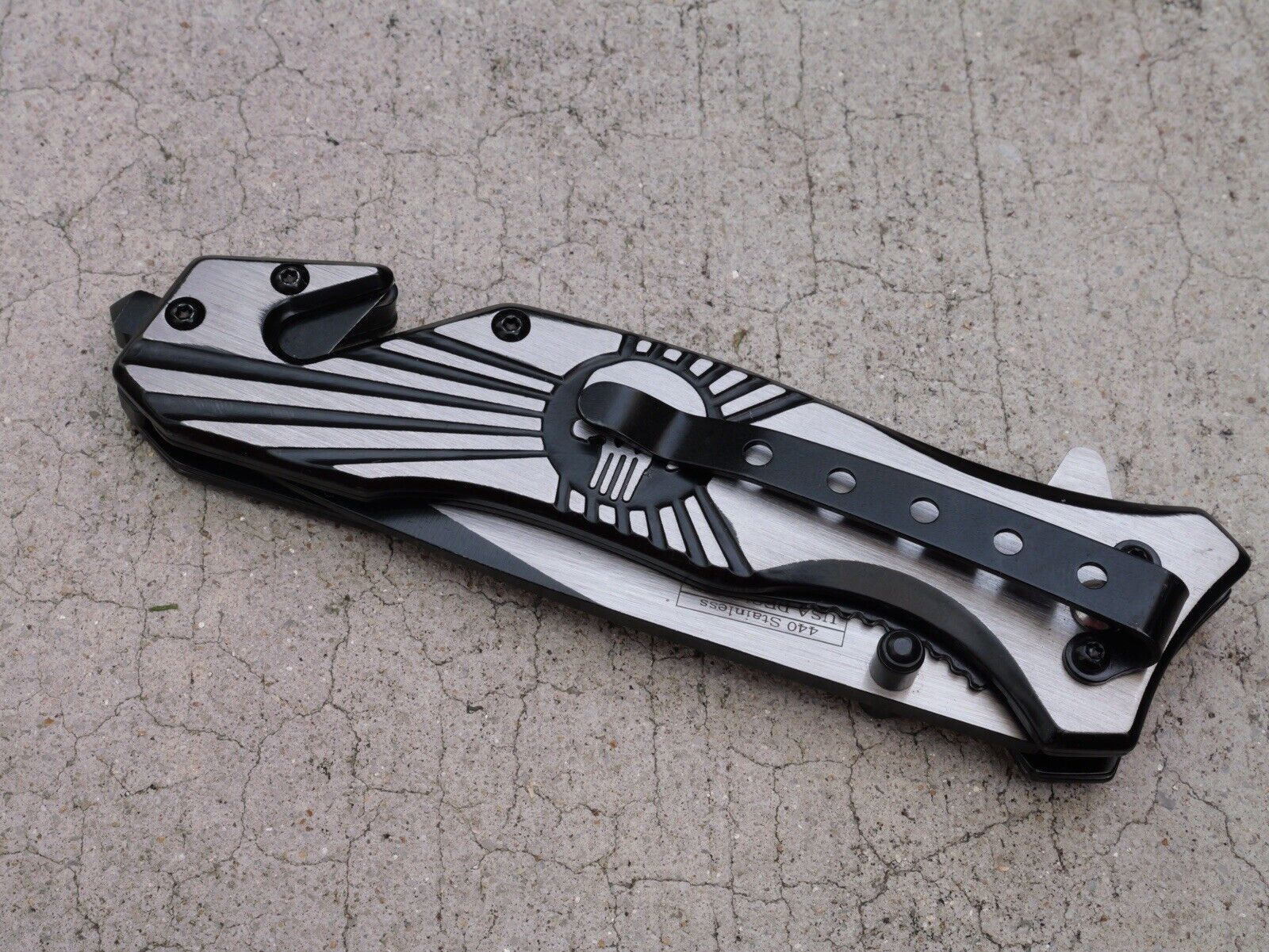 Skull Punisher Pocket Knife All Metal Full Size Window Punch Spring Assist Black