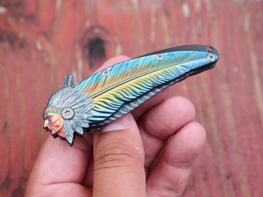 Mini Pocket Knife Native American Indian Feather Spring Assist 