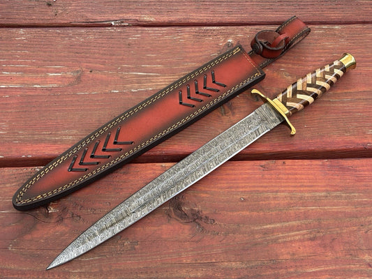 21” Double Edge Short Sword Carbon Steel Brass Hilt Pommel Braided Wood Handle