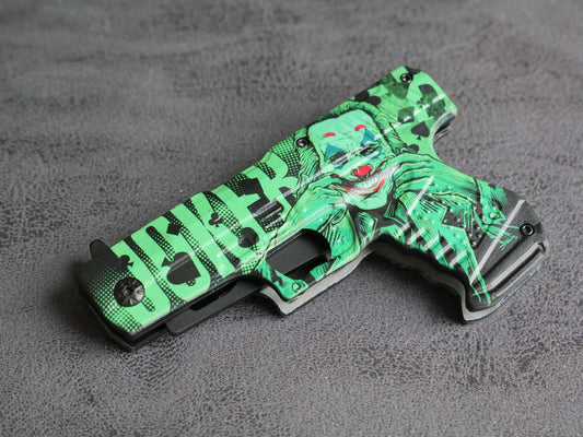 DARK KNIGHT ASSISTED Black Gun Pistol Joker WHY SO SERIOUS FOLDING Pocket KNIFE