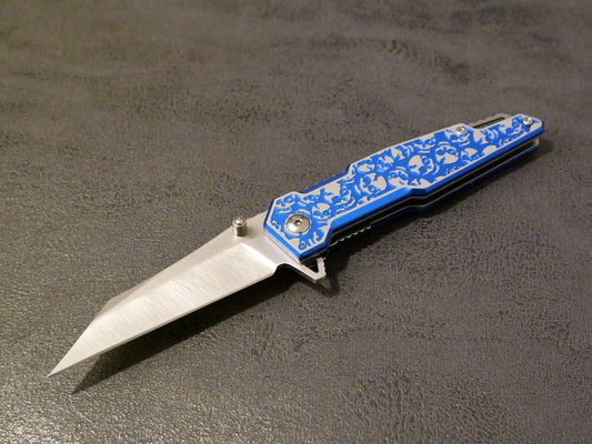 Blue Pocket Knife 8” Overall Size M Wharncliffe Blade Full Metal Skulls Assist