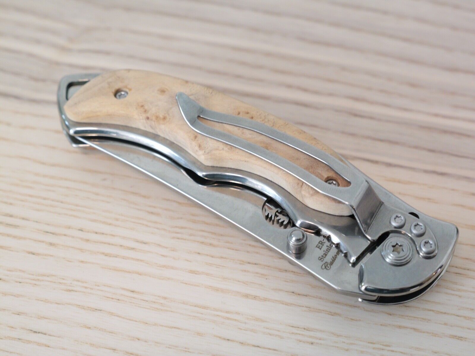 Elk Ridge Manual Pocket Knife Burlwood Handle Stainless Steel Chrome Belt Clip