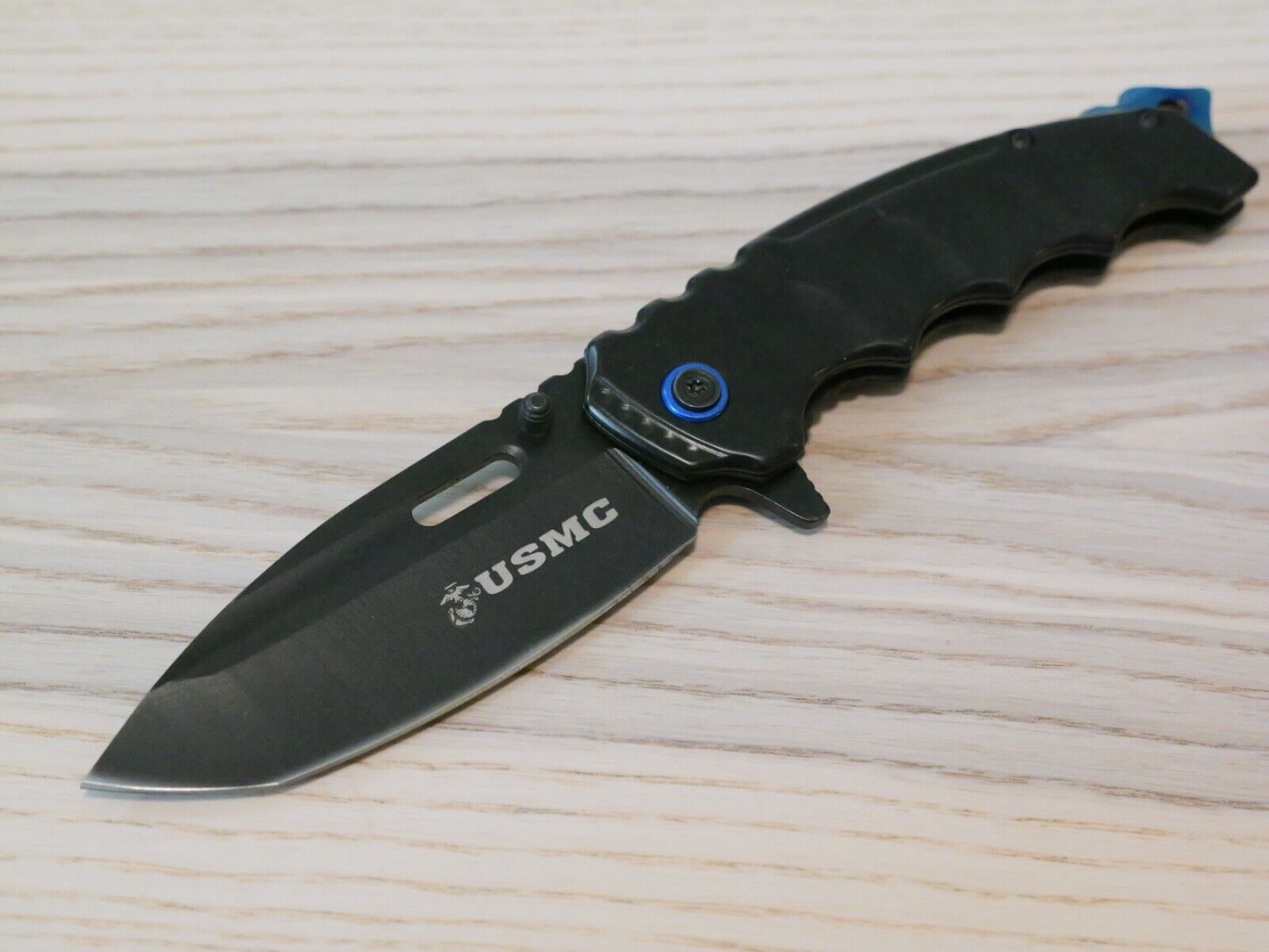 USMC Pocket Knife Spring Assist Black Blue Sharp Heavy Duty Metal Handle XL
