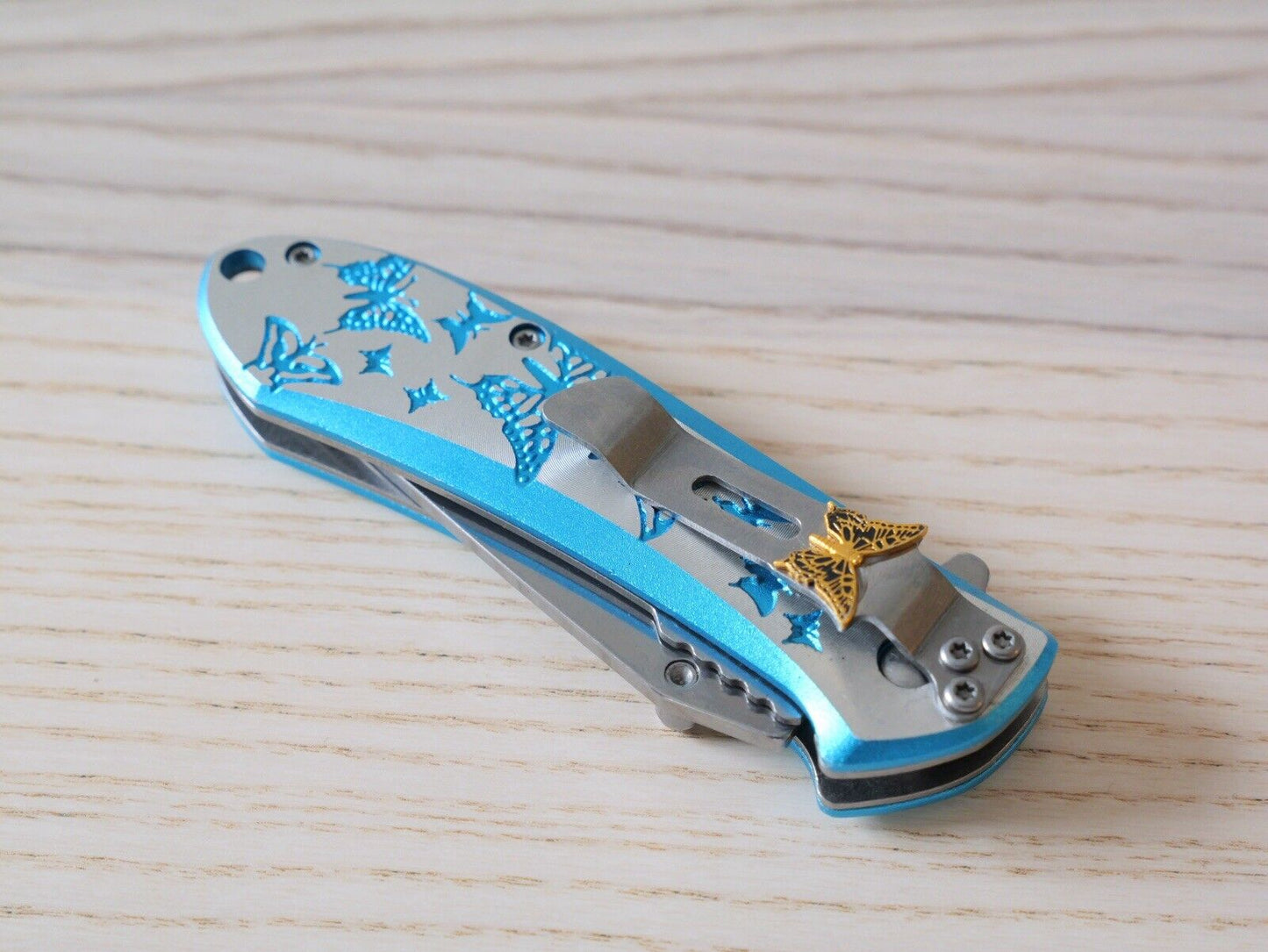 Butterfly Pocket Knife Small Blue Ladies Pretty Folding Gold Papillion Girly 4”