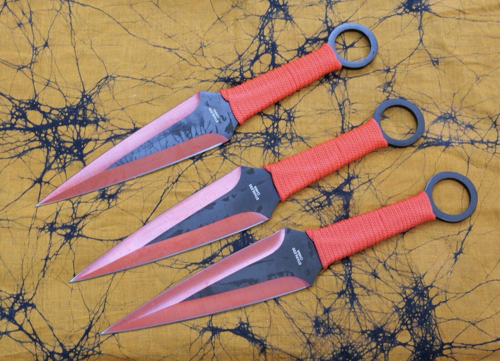 9” Throwing Knife Set 3 Pcs Red Large Kunai Double Edge Spear Tip Balanced Sharp