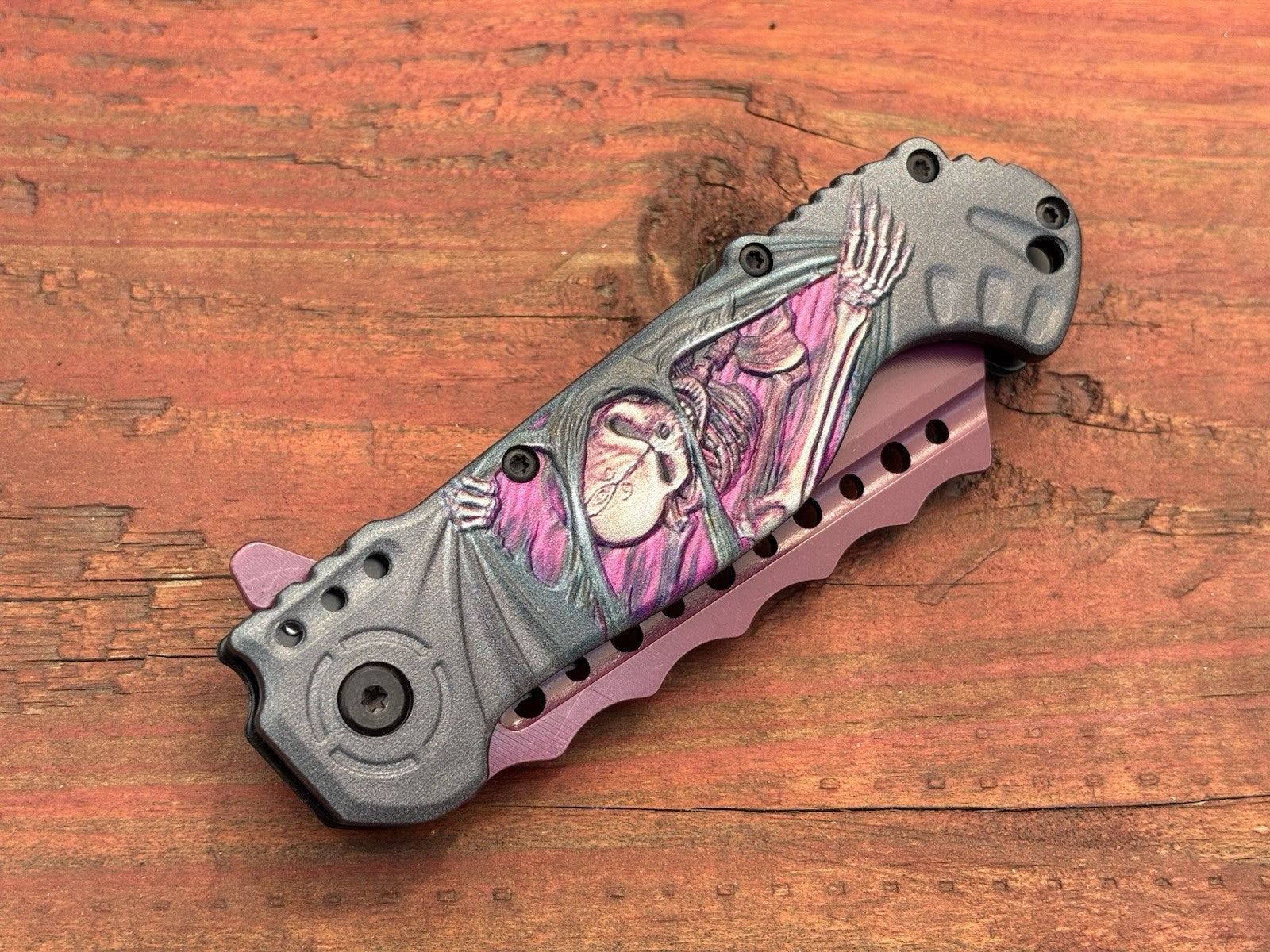 Grim Reaper Pocket Knife Purple Spring Assist Full Size Unique Design Skeleton