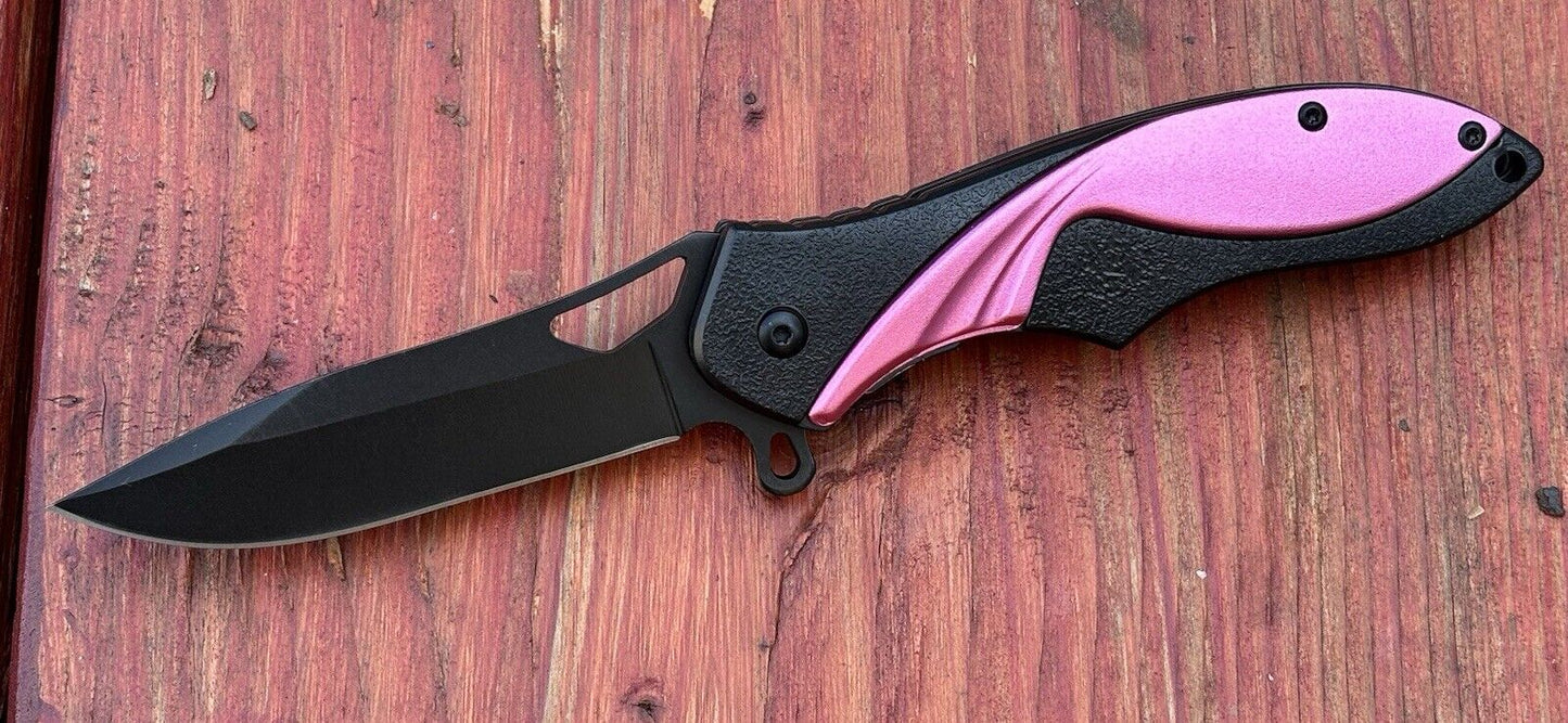 Pink Pocket Knife Black Spring Assisted Folding Girly Pretty Stealth Full Size