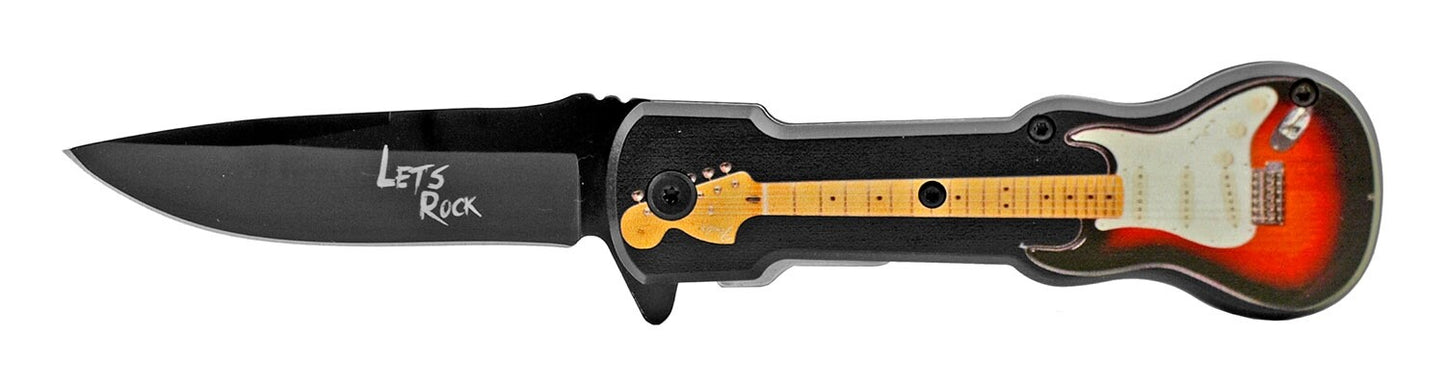 Full Size Electric Guitar Style Spring Assist Metal Pocket Knife Rockstar