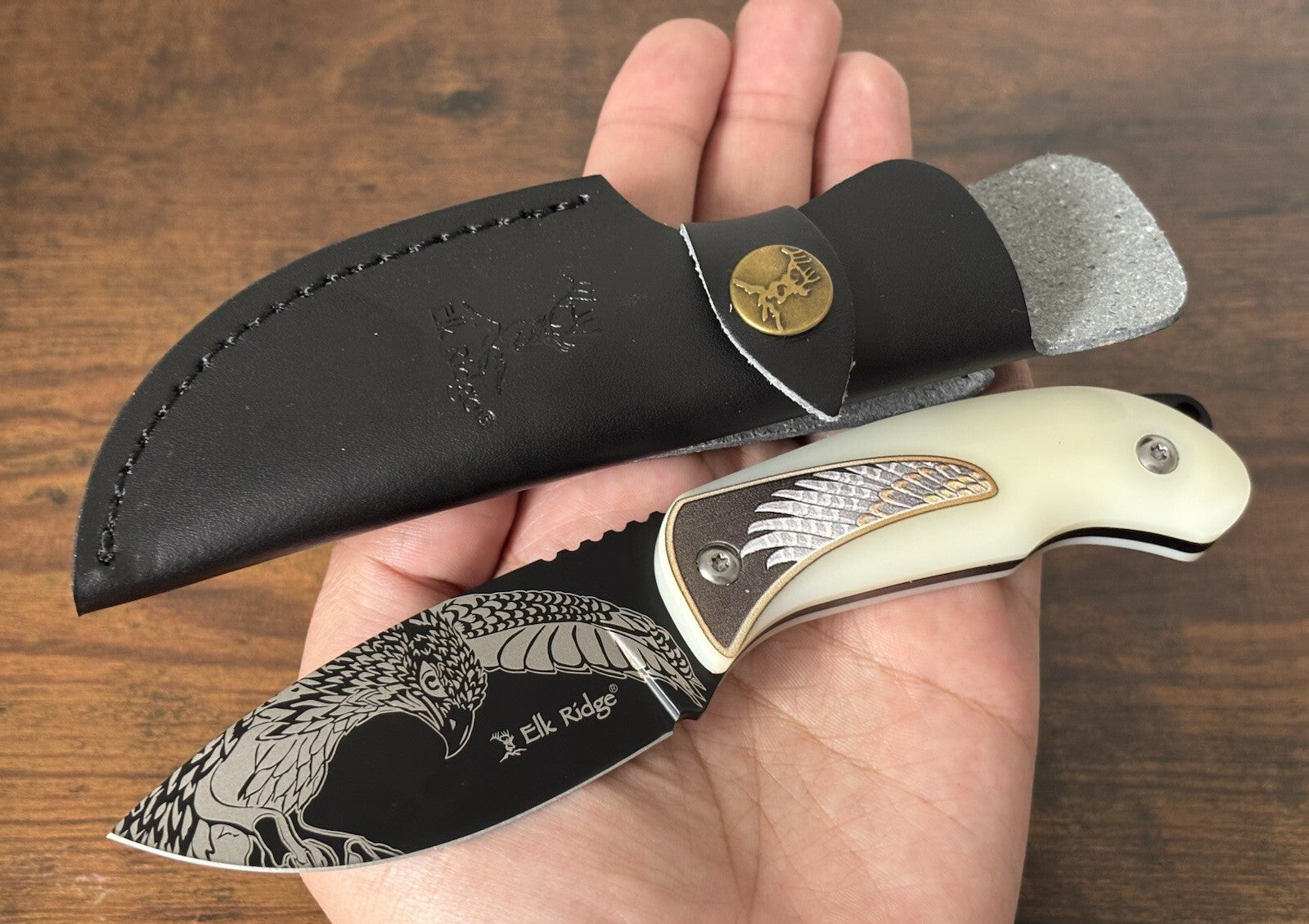 7” Fixed Blade Knife Elk Ridge Full Tang Eagle Laser Engraved Leather Sheath