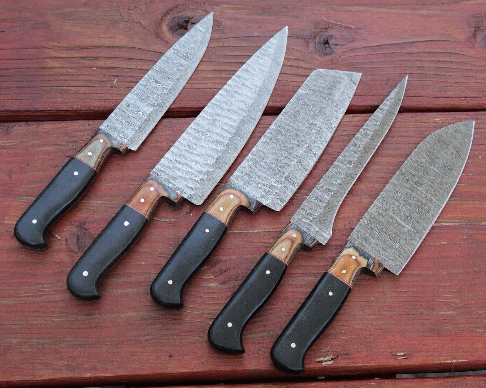 Chef Knife Roll Set Hammered Damascus Blade 12” 5pc Set Leather Sheath Cleaver