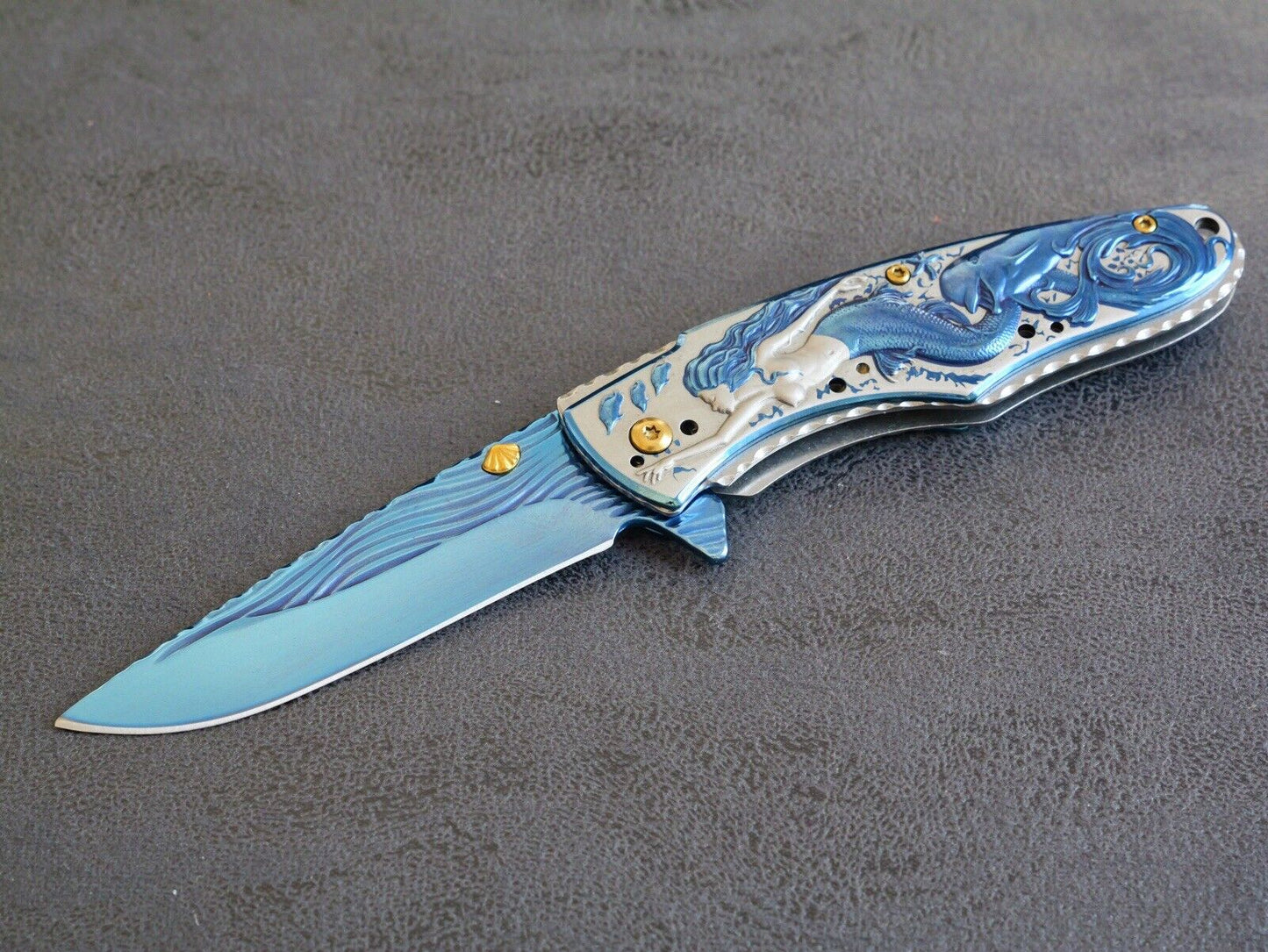 Mermaid Dolphin Seashell Pocket Knife Ocean Blue Gold Full Size All Metal Assist