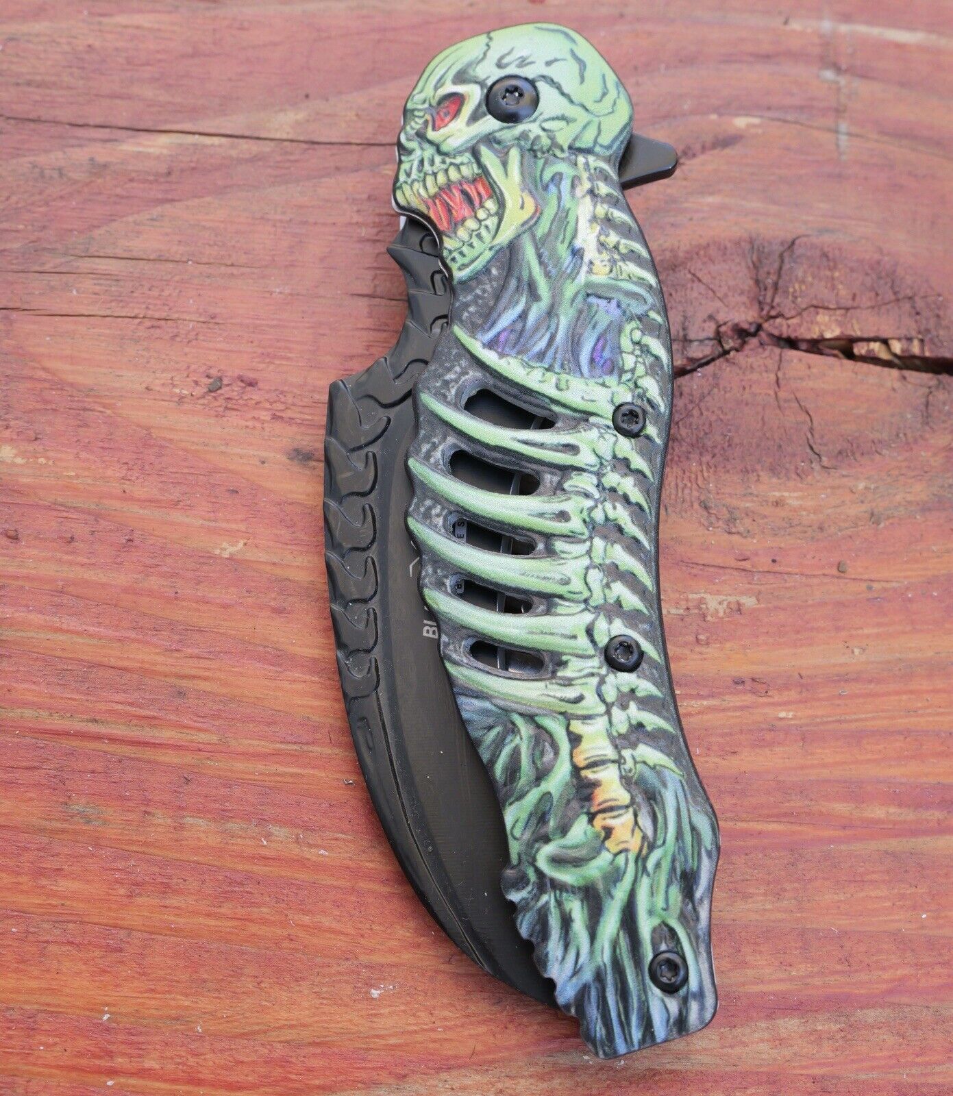 Skeleton Pocket Knife Spring Assisted Grim Reaper Design 8" Green Folding Knife