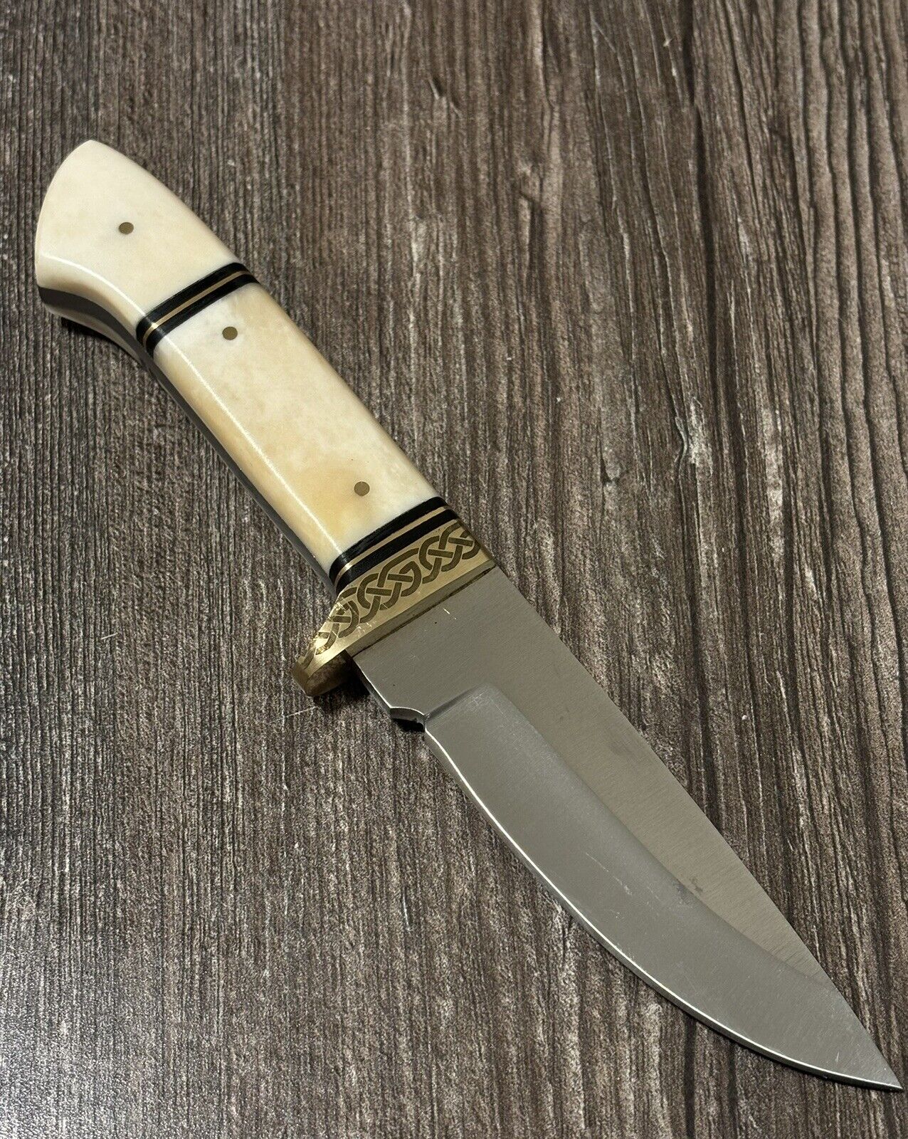 Survival Knife Full Tang 8mm Thick Blade 4” Celtic Full Grain Sheath  Brass Hilt