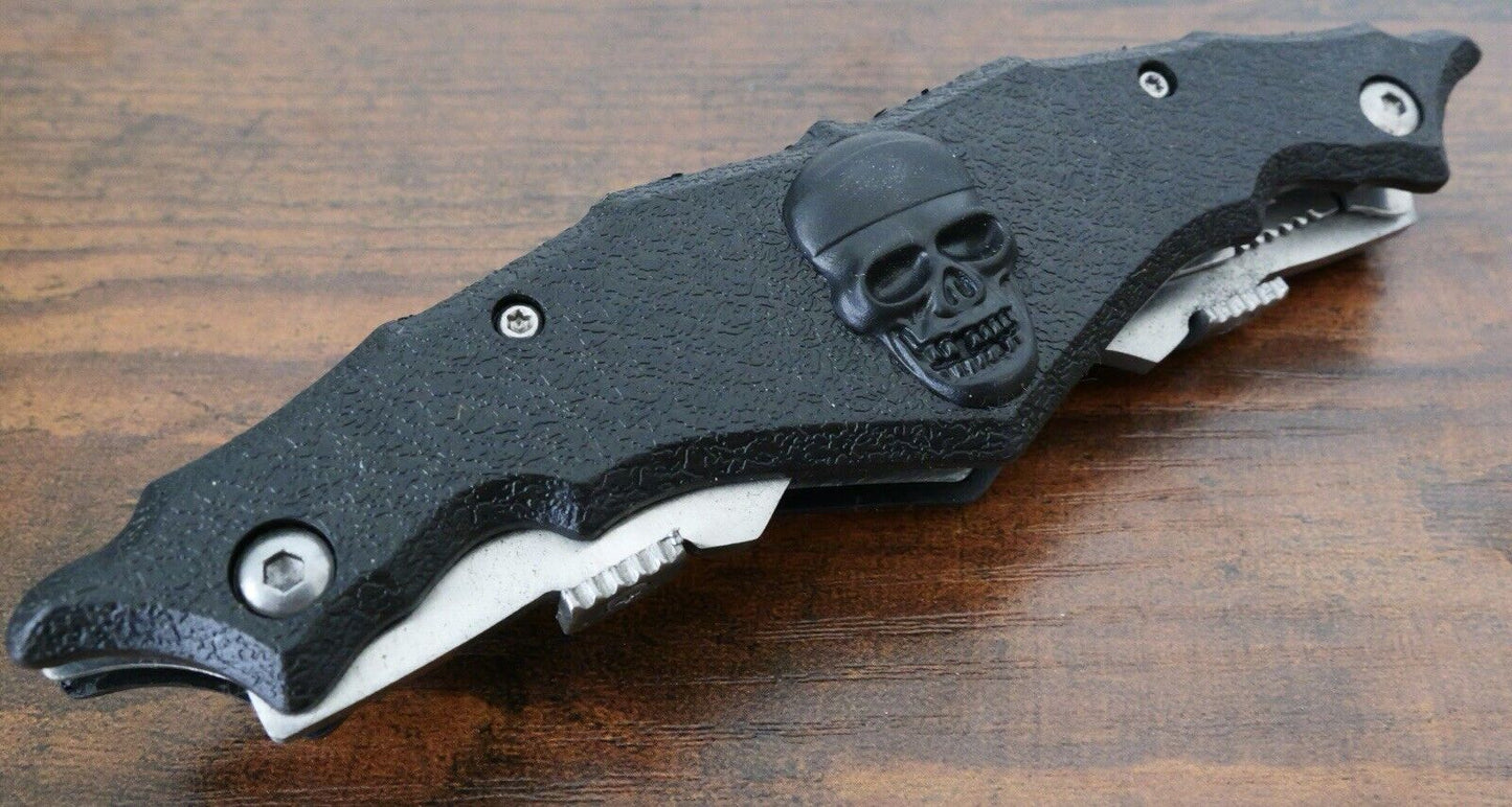 5” Skull Pocket Knife Dual Blades Black Pocket Clip Sharp 440 Stainless Tactical