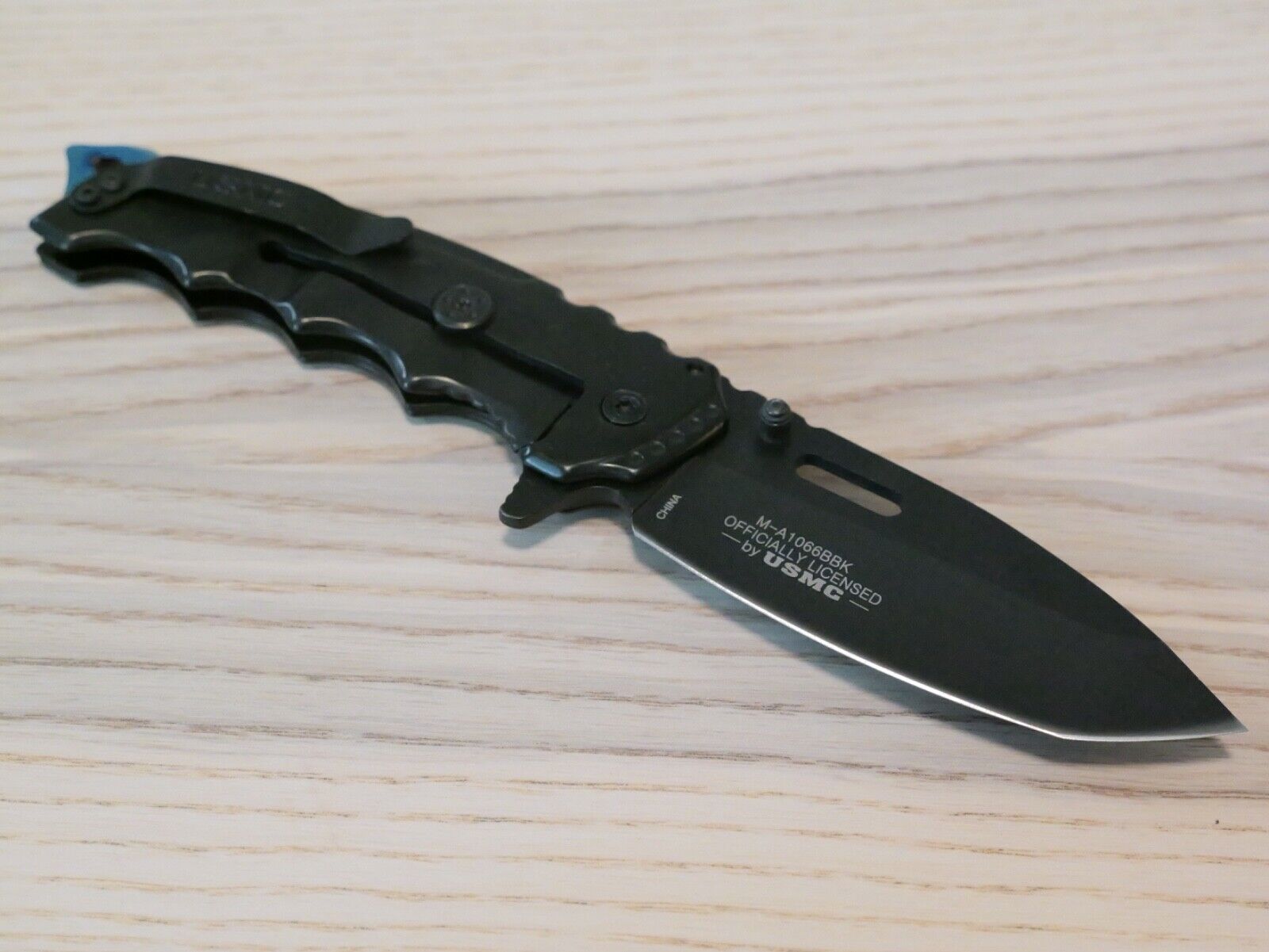 USMC Pocket Knife Spring Assist Black Blue Sharp Heavy Duty Metal Handle XL