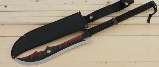 28” Zombie Machete Two Handed Full Tang Black Spear Sharp Sheath Back Strap