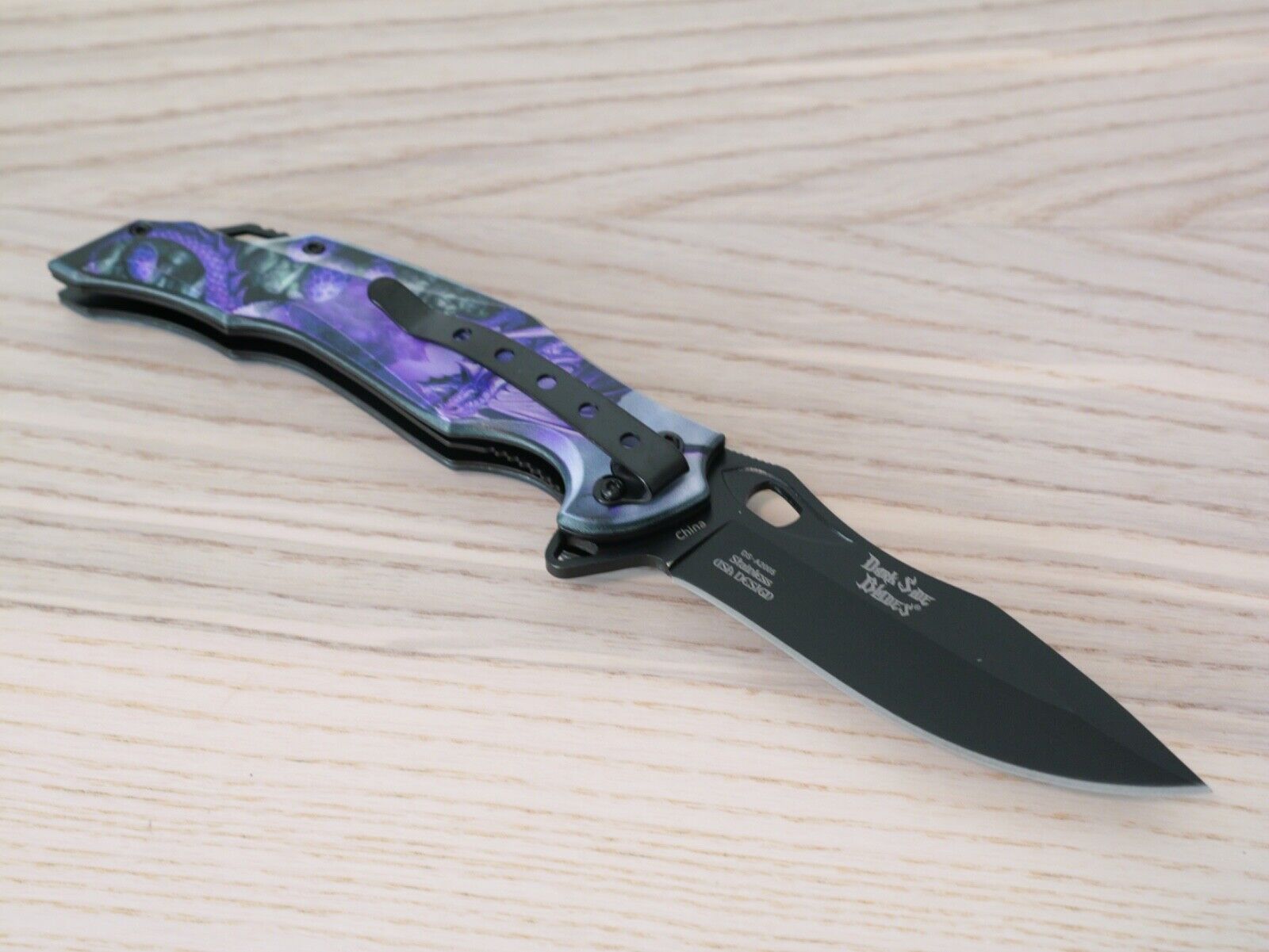 Purple Dragon Spring Assist Pocket Knife Full Metal Black Belt Clip Art Large