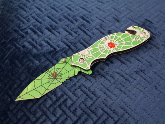 Green Pocket Knife Tanto Spider Web Window Punch Seat Belt Cutter Assisted Sharp