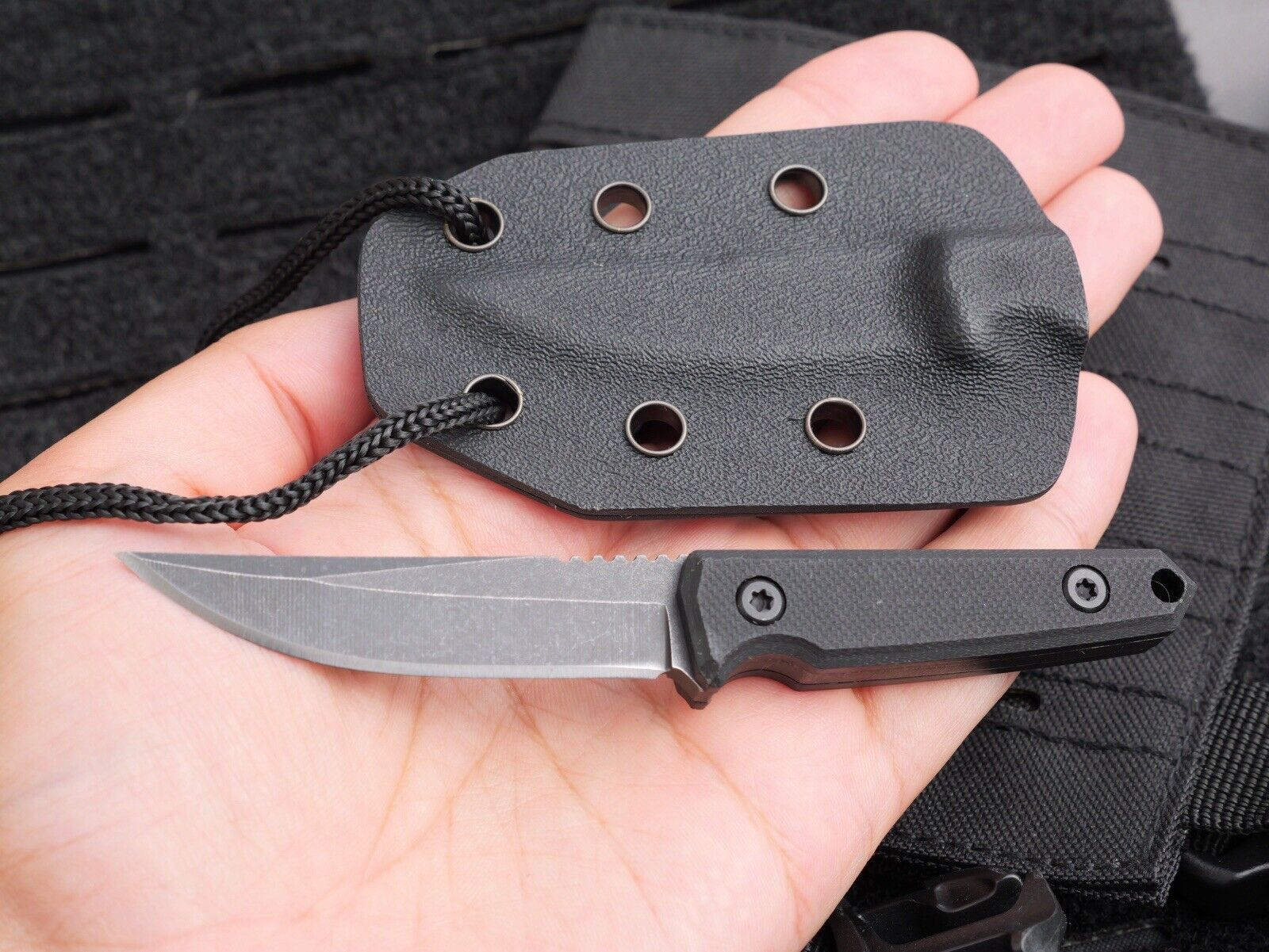 5” Neck Knife Mini Black Stonewash Full Tang Shadow Ops Stealth Kydex Sheath EDC