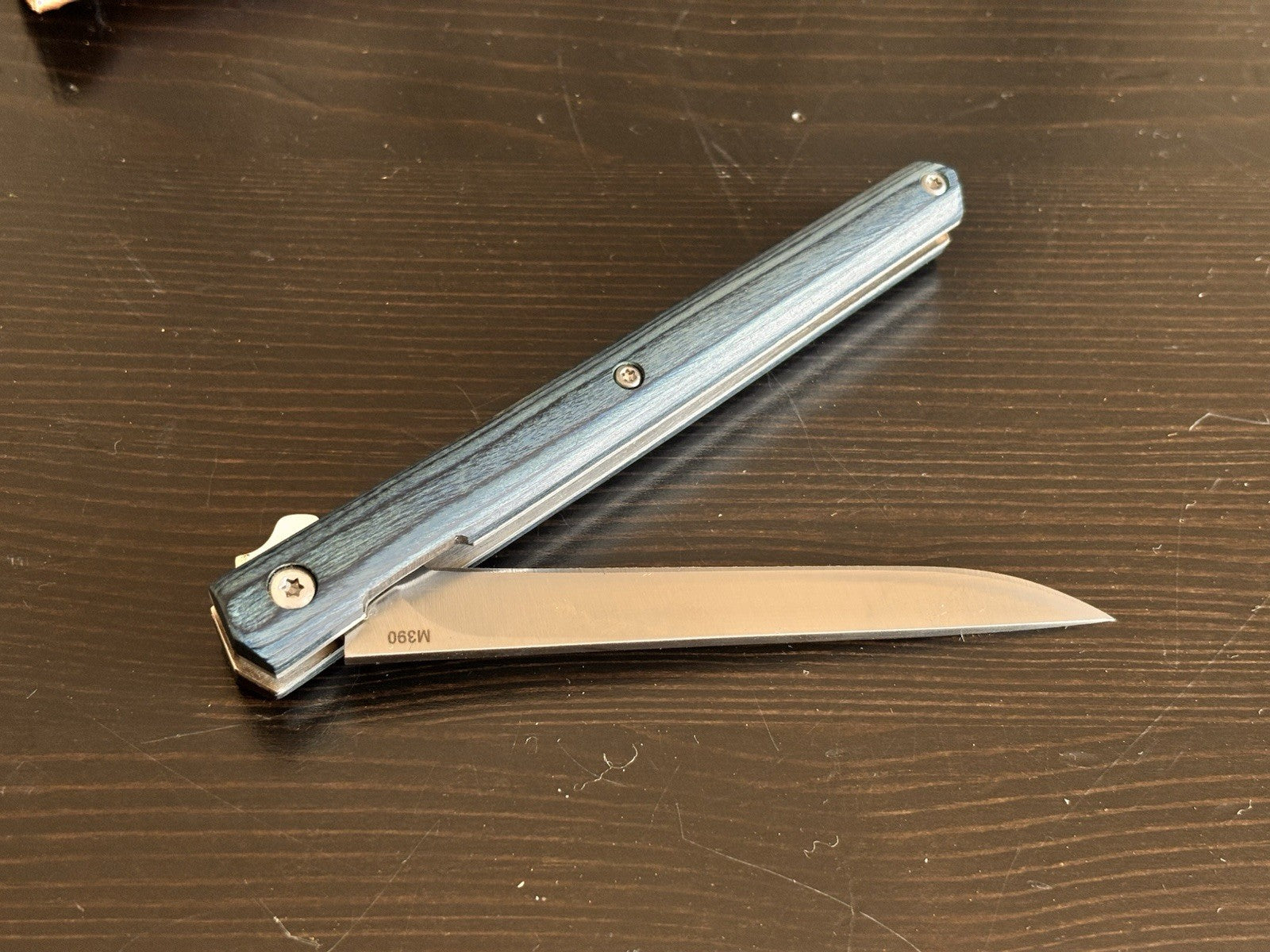 Slim Pocket Knife Blue Wood Handle Razor Sharp M390 Steel CEO Leather Sheath