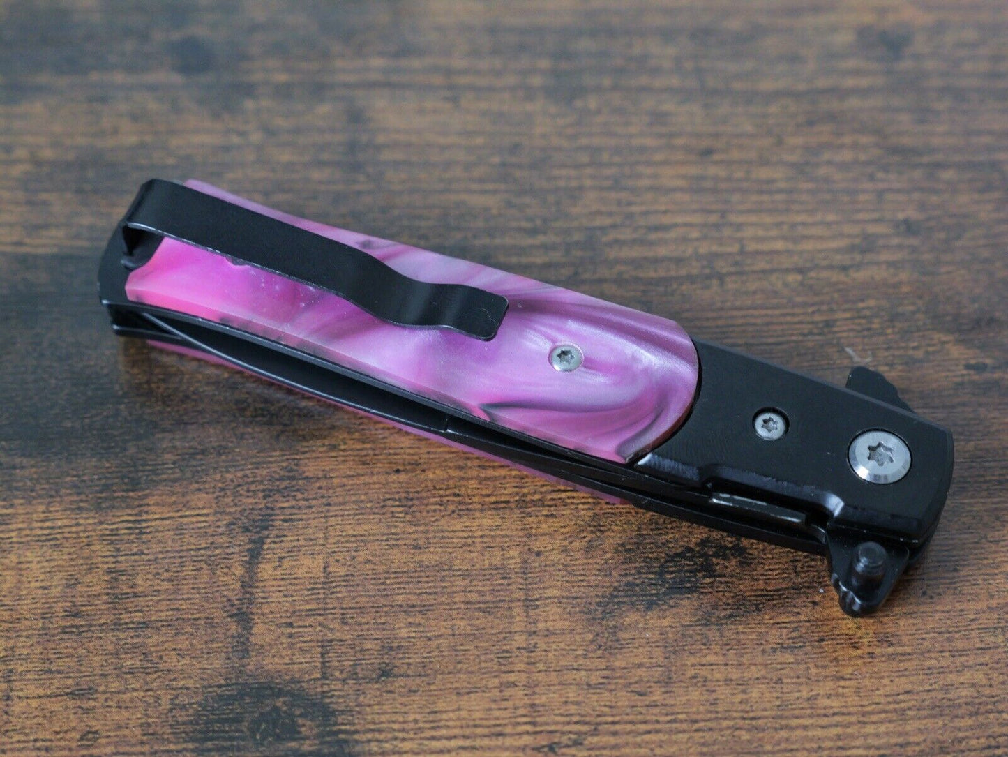 Vintage Italian Style Pocket Knife Small Black Pink Handle 4” Spear Point Clip